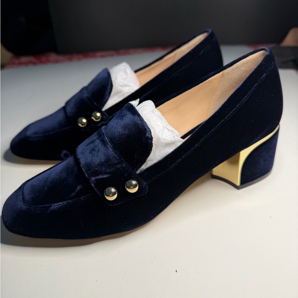Cole Haan Shoes - Cole Haan Navy Velvet Loafers with Gold Heel